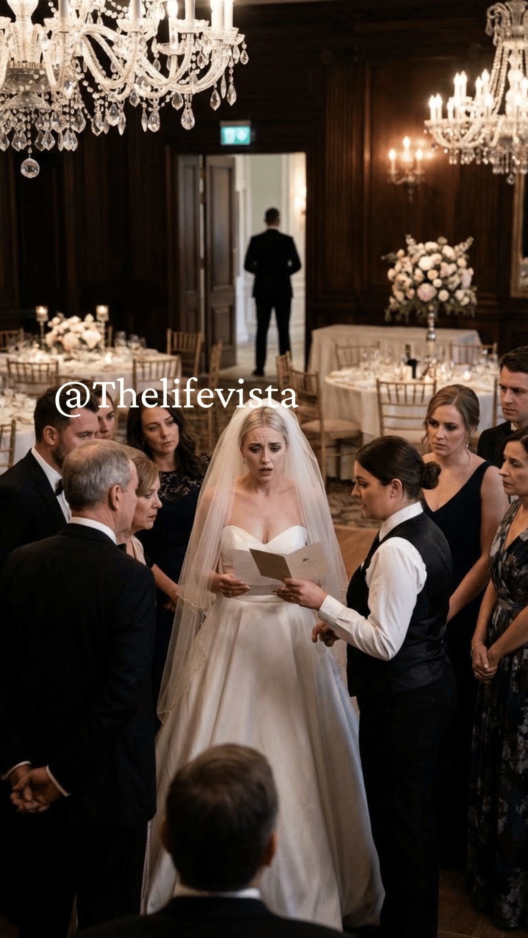 My husband stood beside me through the entire wedding ceremony without saying a single word. Not one vow. Not one whisper. I leaned toward him and asked softly, “What’s wrong? Why won’t you say anything?” He didn’t answer—he just stared ahead in silence. When he finally excused himself to go to the restroom, a waitress approached me quietly. She glanced around, then slipped a small folded note into my hand. I opened it right there. And after reading what was written, I went completely silent, because in that moment, everything I thought I knew about my wedding—and my husband—collapsed.
