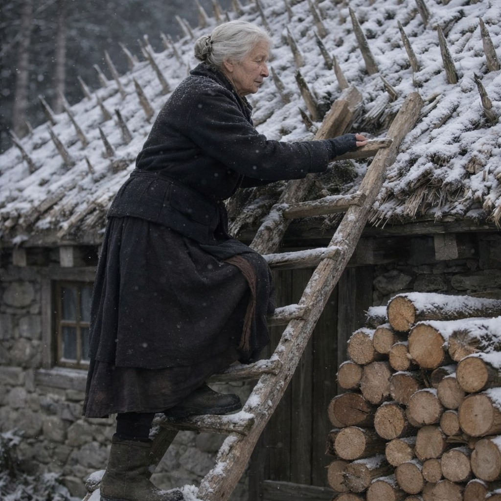 Eine ältere Frau verbrachte den ganzen Sommer und Herbst damit, spitze Holzpflöcke über ihr Dach zu befestigen. Die Nachbarn waren überzeugt, dass sie den Verstand verloren hatte… bis der Winter endlich kam.