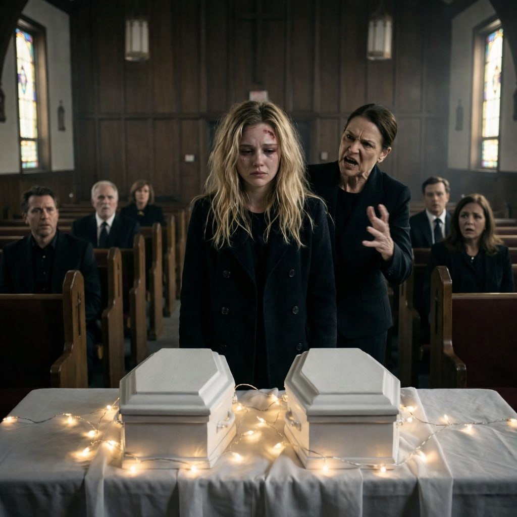 Bei der Beerdigung meiner Zwillingsbabys lagen ihre winzigen Särge direkt vor mir. Da beugte sich meine Schwiegermutter zu mir und zischte kalt: „Gott hat sie dir genommen, weil er wusste, was für eine Mutter du bist.“ Weinend fuhr ich sie an: „Kannst du nicht wenigstens heute still sein?“ In der nächsten Sekunde schlug sie mir ins Gesicht, drückte meinen Kopf brutal gegen den Sarg und flüsterte mir ins Ohr: „Sei ruhig – oder du liegst bald neben ihnen.“ Doch was danach geschah … damit hatte wirklich niemand gerechnet.