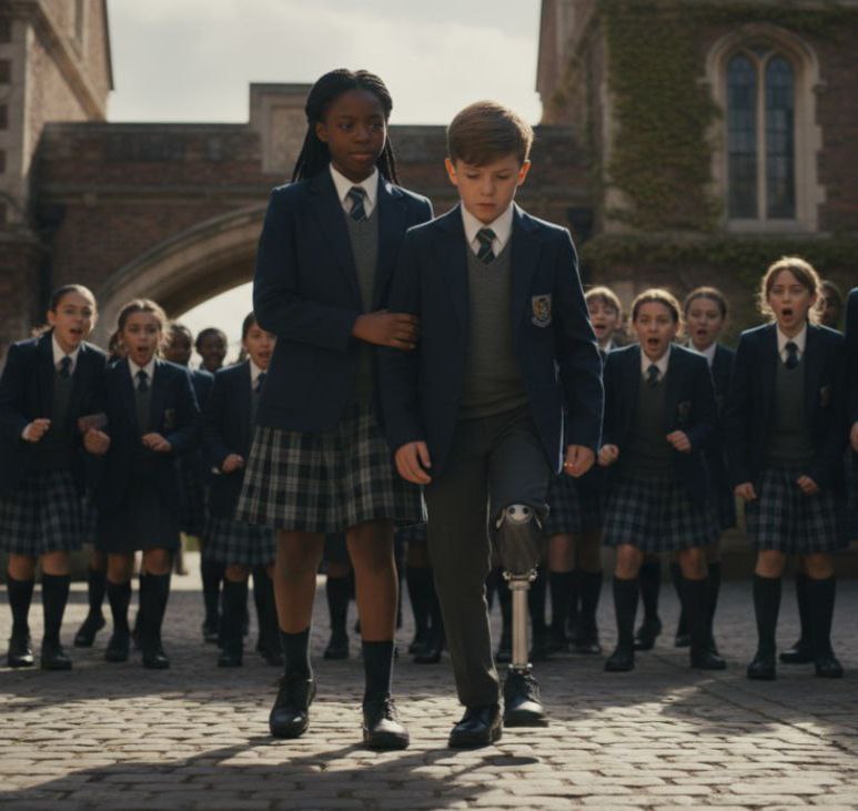 Alle lachten über den einbeinigen Sohn des Millionärs – bis plötzlich ein armes schwarzes Mädchen auftauchte… — „Schaut mal, der Roboter-Junge ist da!“