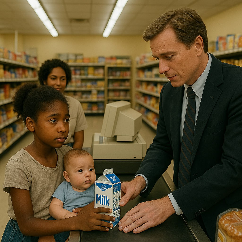 „Ich verspreche, dass ich dir eines Tages zurückzahlen werde, wenn ich groß bin“, flehte das kleine schwarze Mädchen einen Millionär an und bat um eine kleine Packung Milch für ihren neugeborenen Bruder, der vor Hunger weinte – die Reaktion des Mannes ließ alle sprachlos zurück.