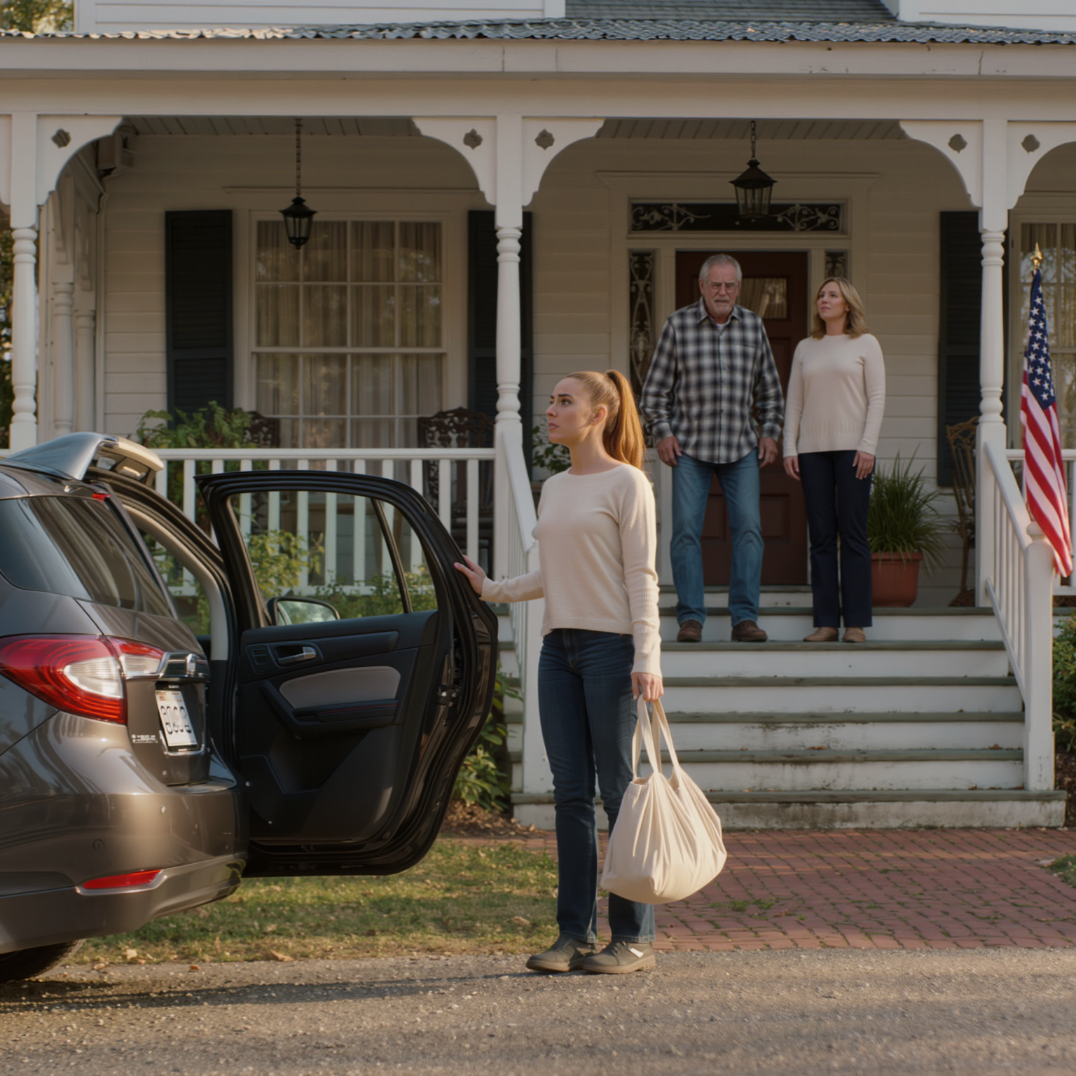 Grandpa frowned and asked, “Why did you come in a rideshare? Where is the SUV we bought you for your birthday?” Before I could cry out in shock, my mother smiled and said, “Her sister needed it more,” the whole porch went completely silent – and right then, he decided to check the paperwork himself, and no one expected that decision
