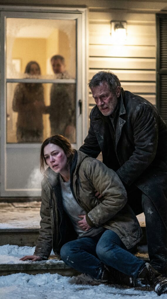 I was eight months pregnant when my husband’s hand cracked across my face and his mistress laughed behind him. “Get out,” he snarled, shoving me into a raging blizzard like I was trash. Snow swallowed my screams as I stumbled to my father’s porch—then my knees buckled. The last thing I heard was the door flying open and my dad’s voice shaking with fury: “He has no idea what a retired cop father is capable of.” But when I woke up… the real storm had just begun.