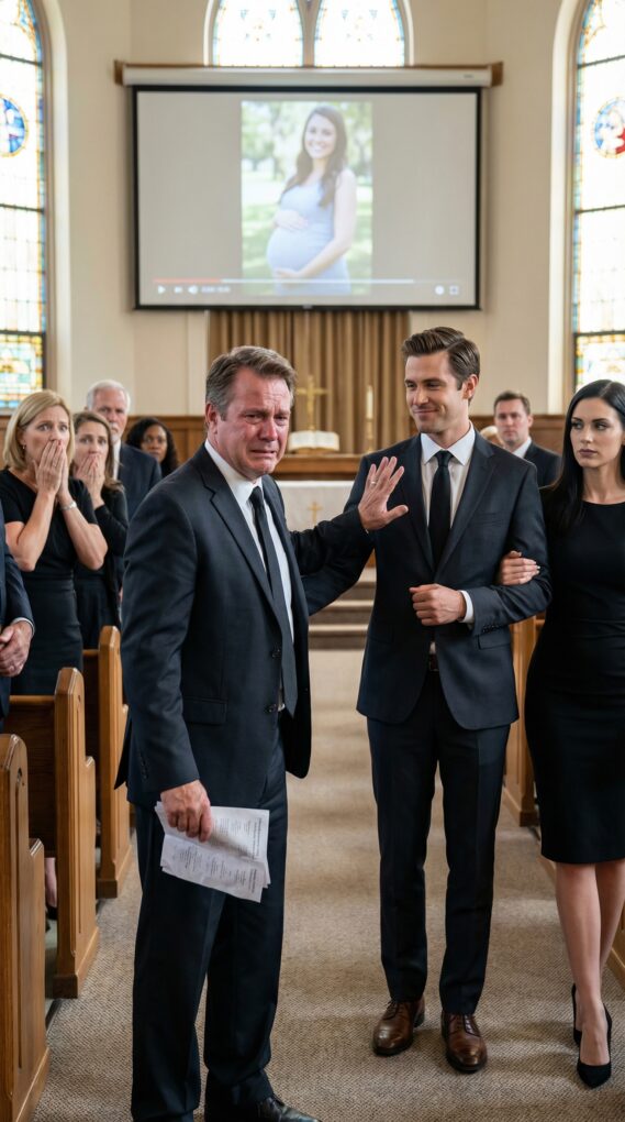 I stood at my pregnant daughter’s funeral gripping the edge of the pew—until my son-in-law walked in… with his mistress on his arm, smiling like this was a party. I heard myself hiss, “You have the nerve to show your face?” He leaned close and whispered, “Relax. After today, it’s all mine.” Then the lawyer cleared his throat: “Before we read the will… there’s something you all need to know.”