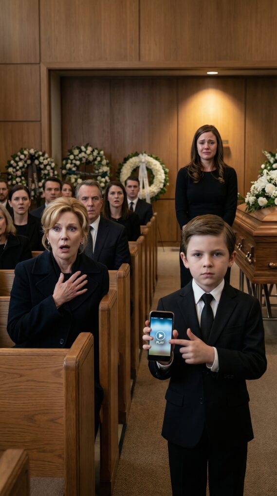 At my husband’s funeral, his mother looked straight at me and said coldly, “Better he’s gone now than forced to live with the embarrassment she brought him.” A few relatives nodded, whispering their approval. Before I could respond, my eight-year-old son rose from his seat, gripping his dad’s phone with both hands. “Grandma,” he said in a steady voice, “do you want me to play the recording Dad made about you last week?” Her expression collapsed instantly—the color drained from her face as the entire room fell silent.