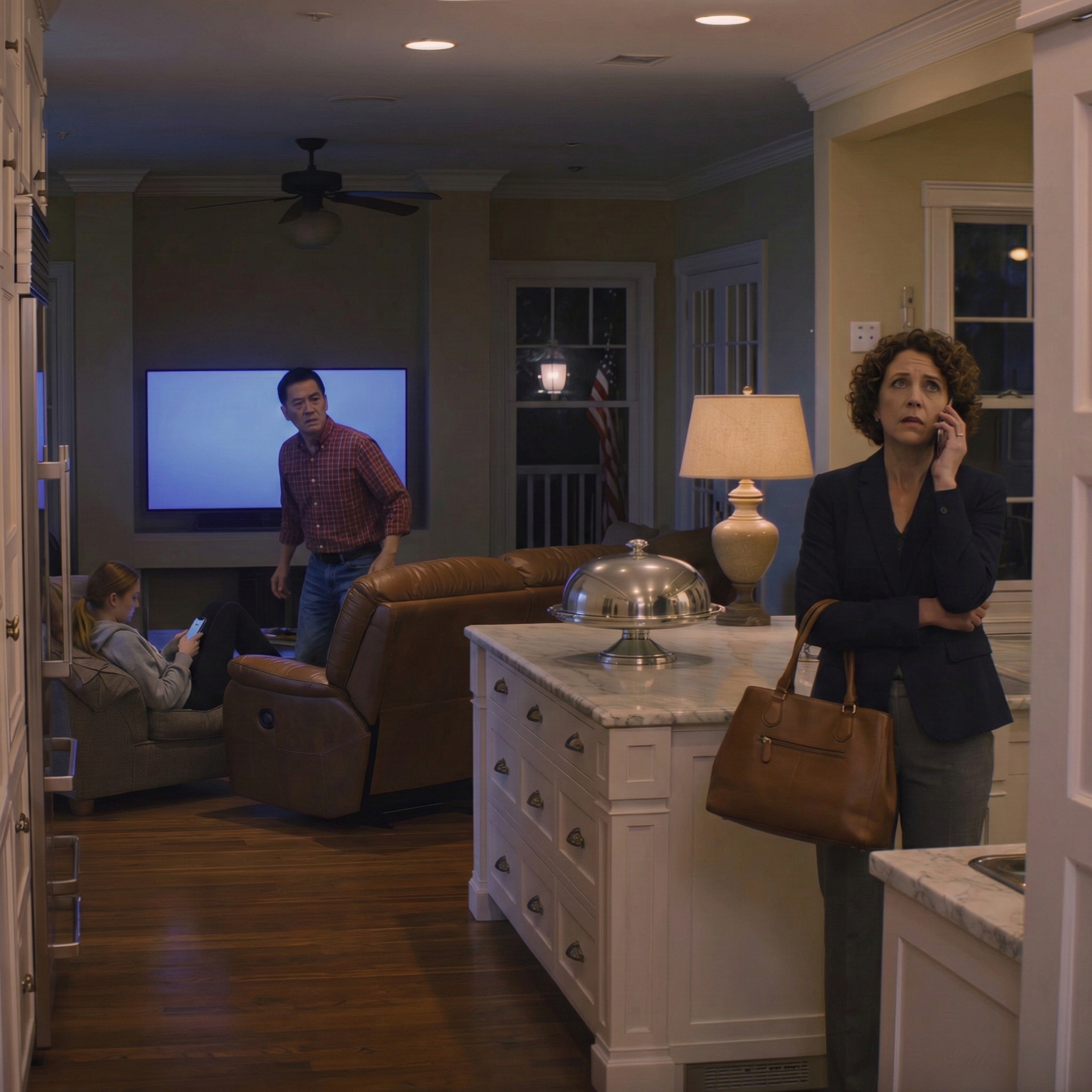 I got home late from work, and the second I stepped through the door my husband’s palm snapped across my cheek as he shouted, “Do you even know what time it is? We’ve been waiting because of you—get in the kitchen and start cooking now,” and my daughter snickered from the couch, “Mom, you’re pathetic,” not realizing the next five minutes would flip our whole house upside down.