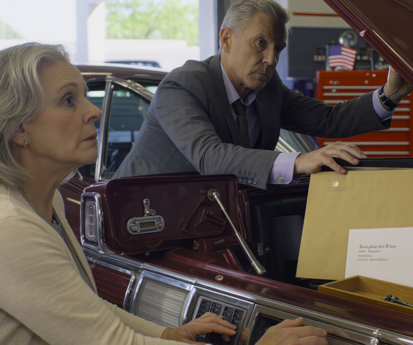 My son sold his late husband’s vintage car. When I saw the garage empty, my son said, ‘I’ve sold it. My wife wants to go to Paris, don’t be sad!’ I was still trembling when the dealership owner called and said, ‘Ma’am, your husband left something inside…’ Then his voice dropped: ‘Please come here today, this is not something I can discuss over the phone.’