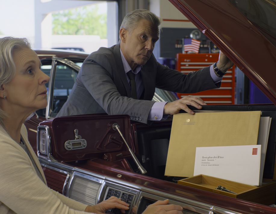 My son sold his late husband’s vintage car. When I saw the garage empty, my son said, ‘I’ve sold it. My wife wants to go to Paris, don’t be sad!’ I was still trembling when the dealership owner called and said, ‘Ma’am, your husband left something inside…’ Then his voice dropped: ‘Please come here today, this is not something I can discuss over the phone.’