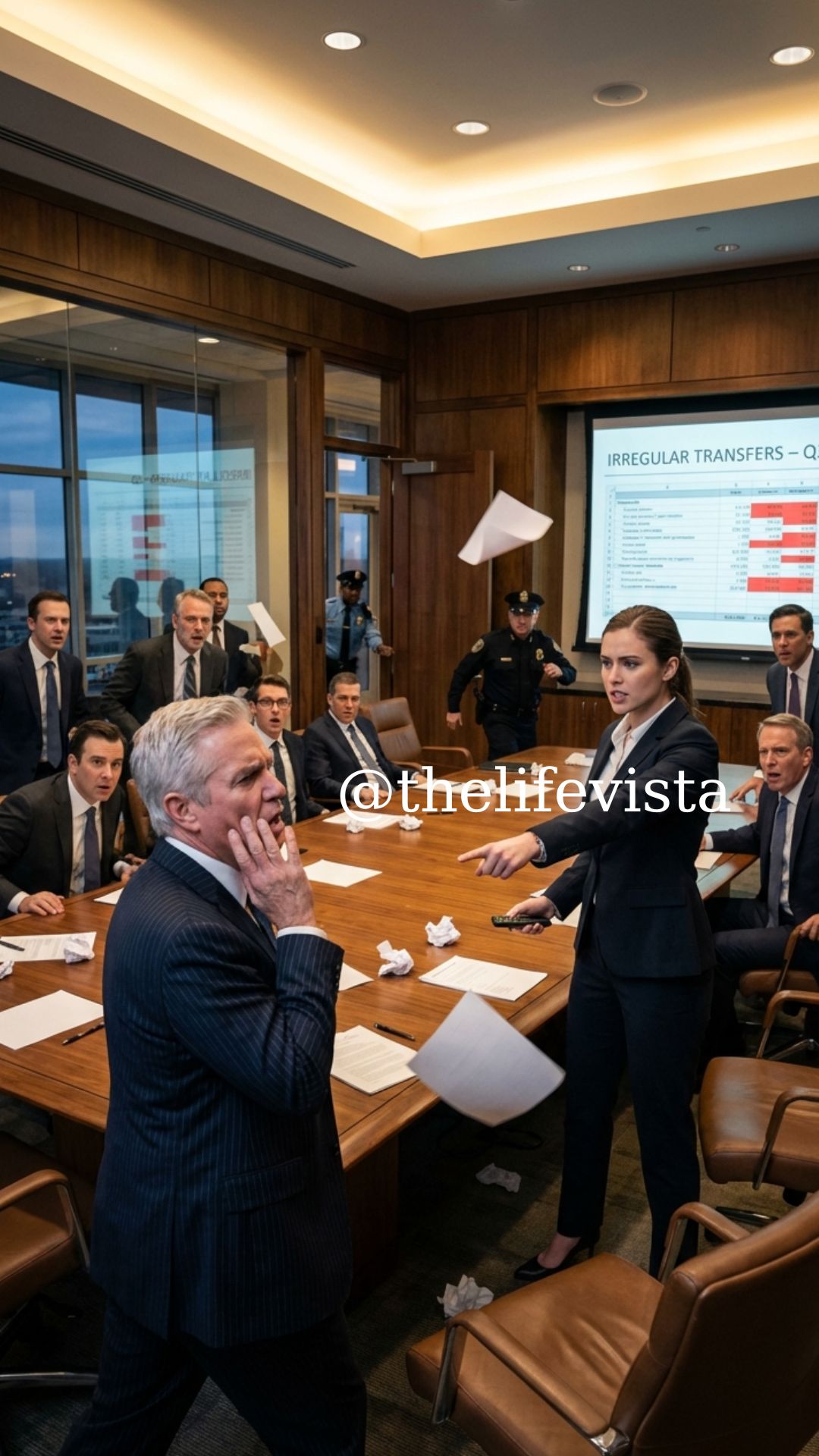 In front of the entire executive board, my boss flung the report at me and sneered, “You’re completely incompetent.” I stepped forward and slapped him, and the room dropped into stunned silence. Then I motioned toward the screen behind us. “Do you want to question my performance—or should we talk about the money you diverted?” He lunged at me, trying to drag me away and knocking chairs aside. Security rushed in as I shouted, “Don’t touch me!”