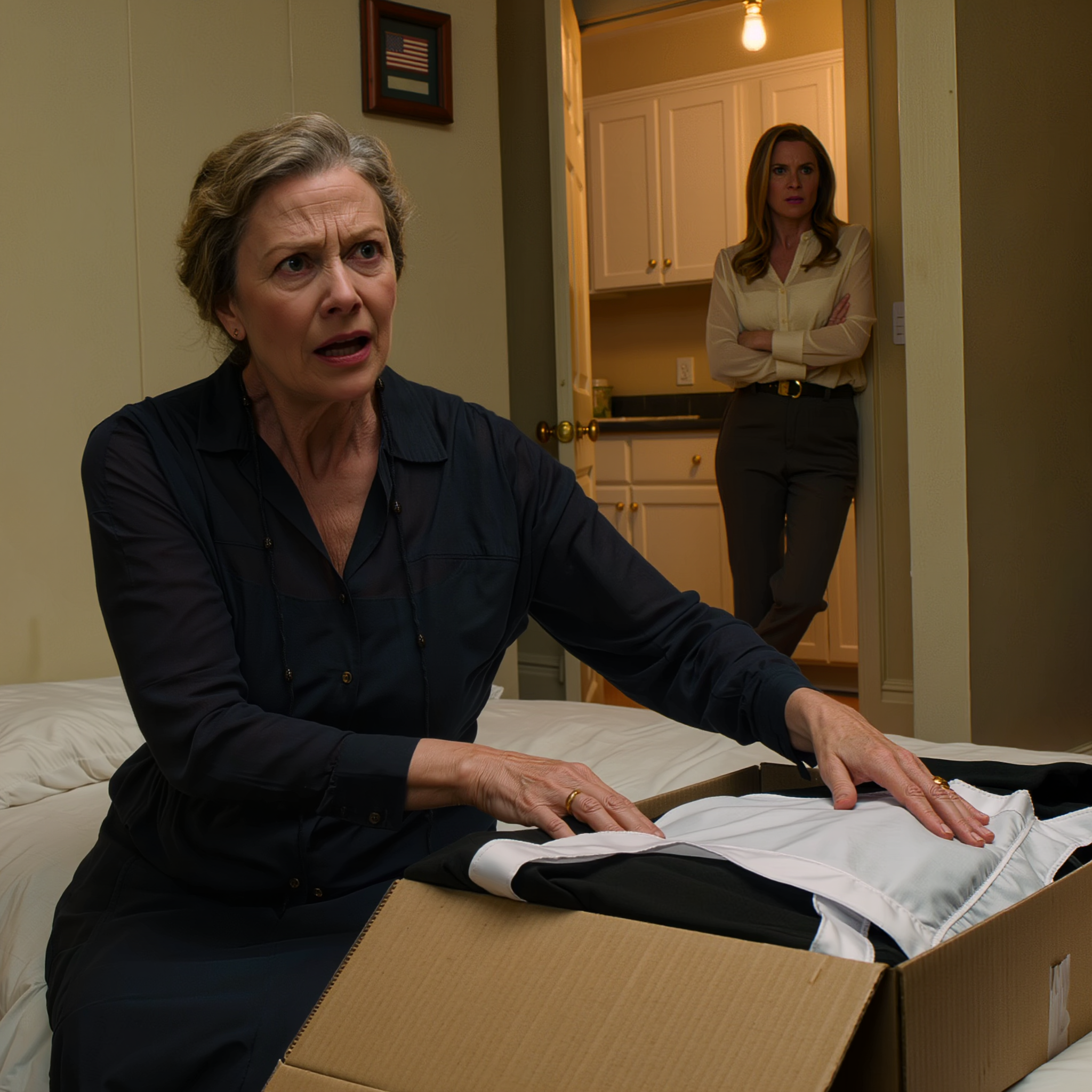 After going bankrupt, I moved in with my son to piece my life back together, but on the very first day, my daughter-in-law laid a maid’s uniform on my bed and said coldly, “Put it on,” while my son just stood there and added, “Do what she says, and be grateful you still have a roof,” so I quietly pulled my suitcase out the door, and a few months later, those same two people were the ones who couldn’t look straight at the screen