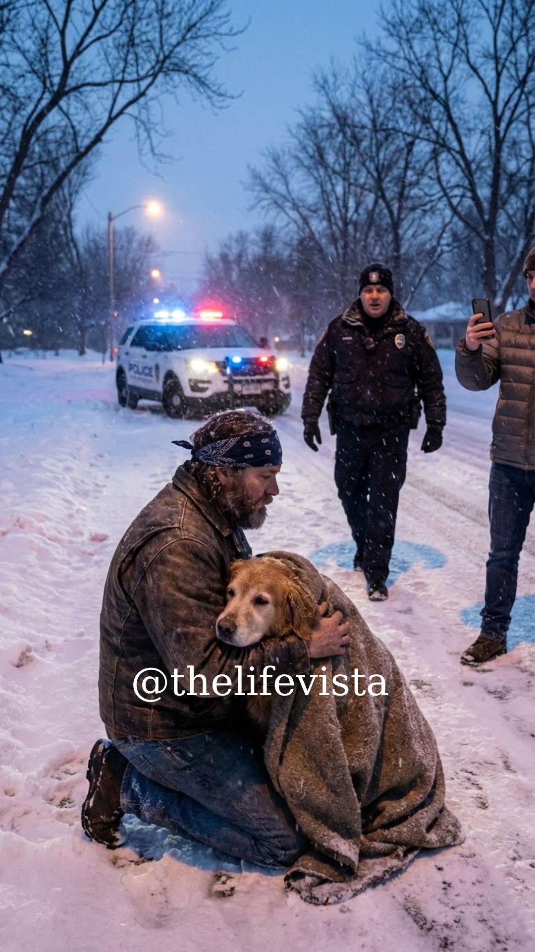 People reached for their phones and called the police when a tattooed biker knelt beside a freezing, abandoned dog in the snow—until an officer noticed the name stitched inside his jacket, and everything changed.