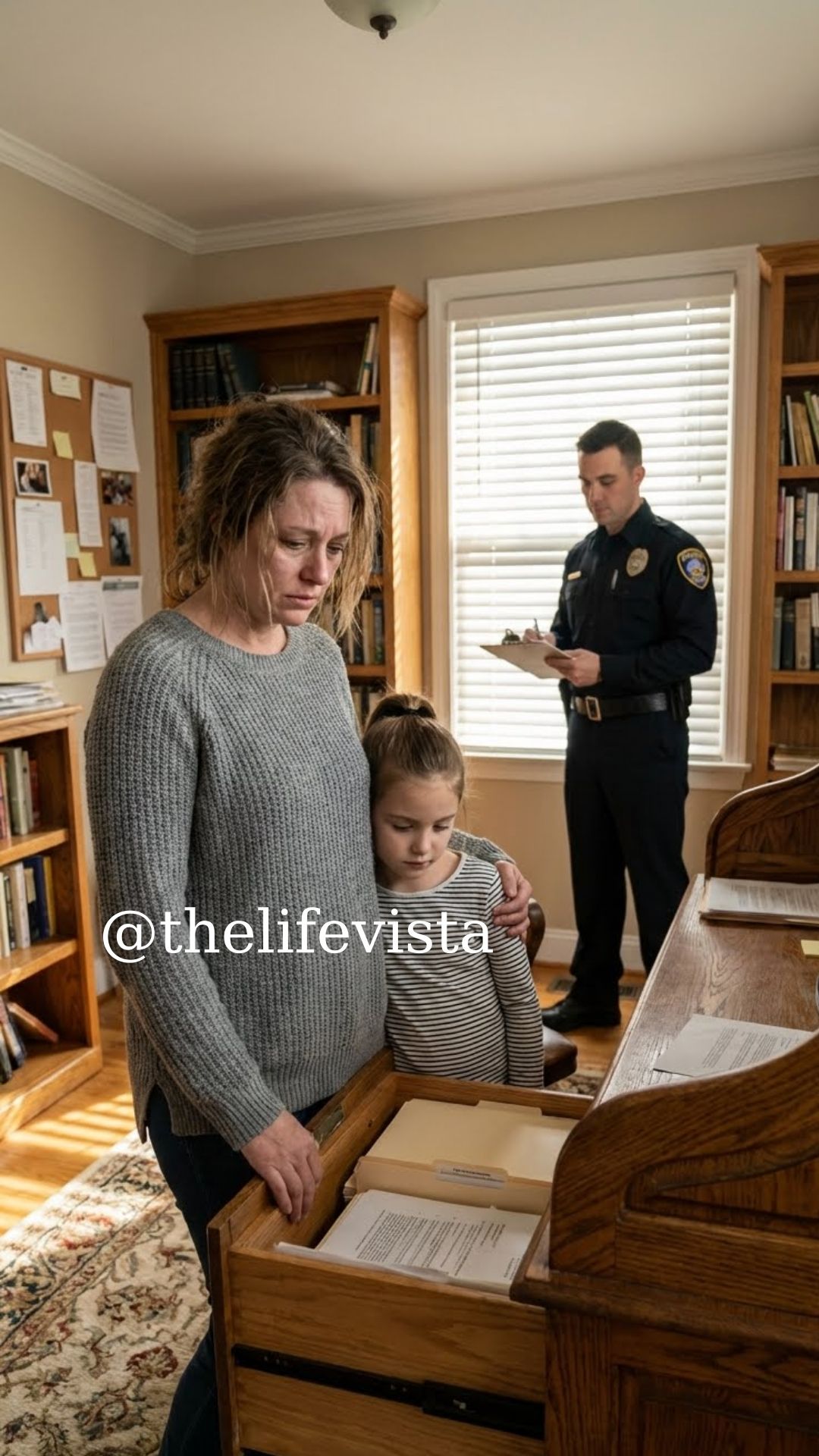 While my daughter and I were cleaning out my husband’s study, she suddenly opened a desk drawer and froze. “Mom,” she whispered, her voice shaking, “why is my… in here?” I looked—and my heart dropped. I called the police immediately. When the officer finally explained what it meant, I gasped in disbelief…