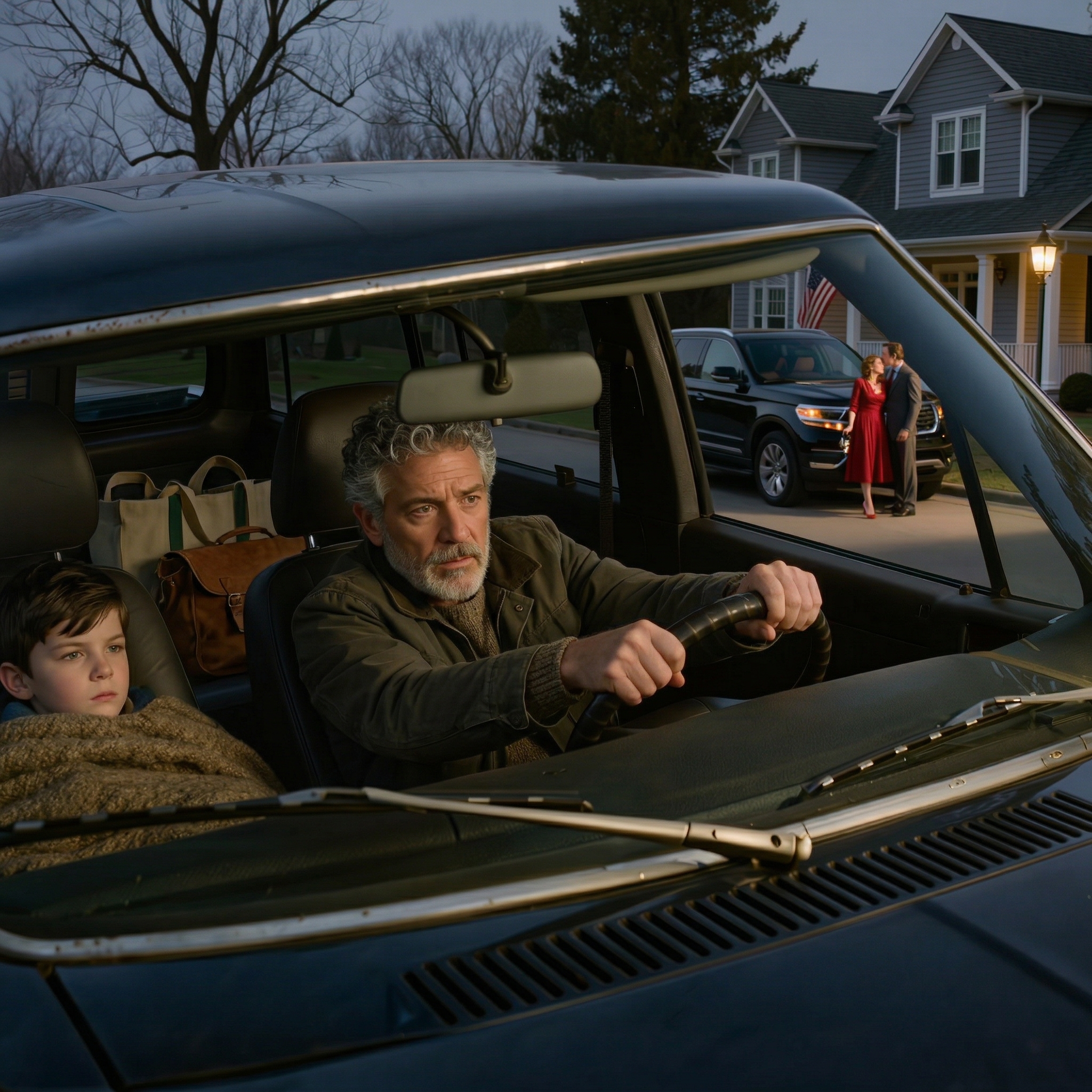 After I personally drove my wife to the airport for her business trip to Chicago, I still thought tonight would just be pizza night for me and my boy — until my eight-year-old grabbed my shoulder, shaking, and whispered, “Dad… we can’t go home, I heard Mom planning something very bad for us,” so I killed the lights and hid the car across the street — and ten minutes later, the person who stepped out in front of my house was the one who should have been afraid.