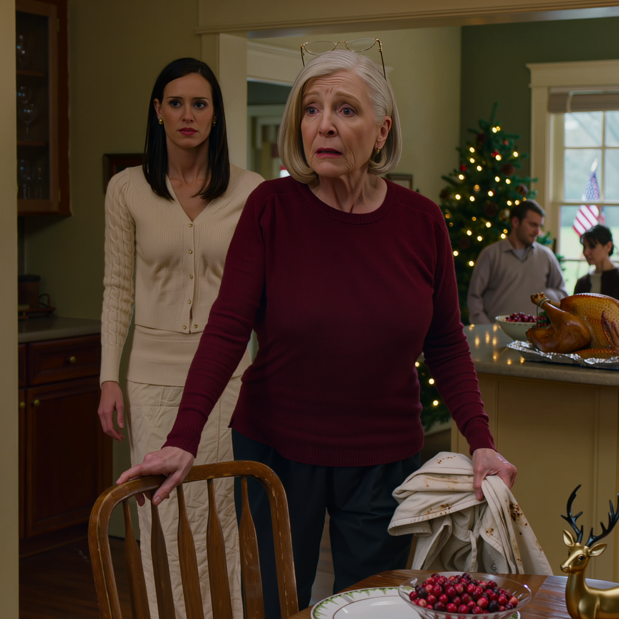 “Maybe you should eat upstairs,” my daughter-in-law said very calmly just as I was about to sit down at the Christmas table I had been up since 4:30 a.m. cooking for, with the turkey still in the oven and the cranberry sauce still on the kitchen counter I had wiped down for 31 years, but that was my house, my name had been on the deed since 1993 — I took off my apron, pulled out the chair at the head of the table, and the whole room suddenly went silent as if all the air had been pulled out of it.