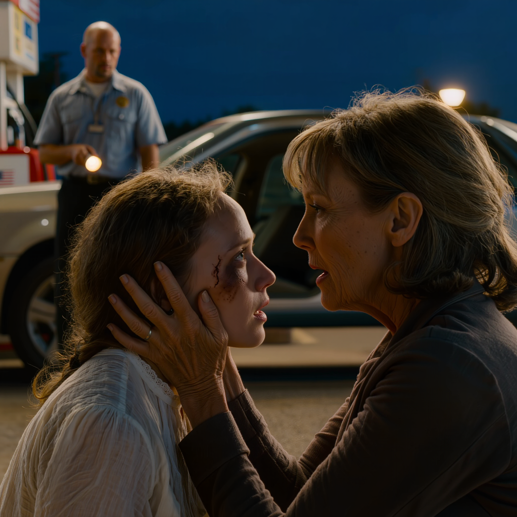 At 11:15 p.m., my daughter called me from a gas station off Route 7, barely breathing; when I dropped to my knees by her car door, her lip was split and one eye was nearly swollen shut, and all she could whisper was, “It was my mother-in-law… she said we’re common people” — I held her face in my hands, heard one sentence, and texted my brother: “It’s our turn. The way Daddy taught us.”