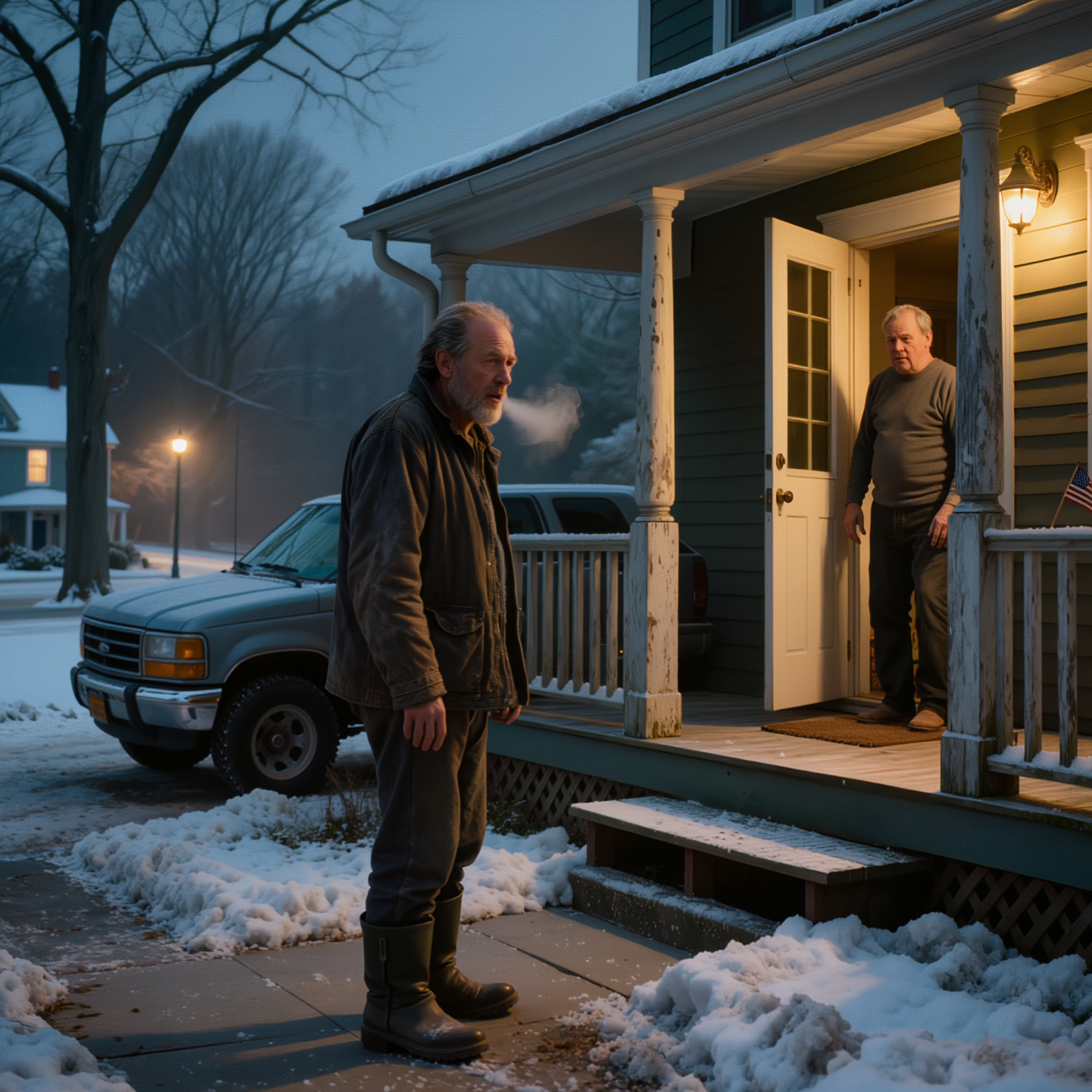 The night I had only fourteen dollars, a quarter tank of gas, and had to drive to my brother’s door at midnight, he stood under the porch light of the house with the mortgage paid off, a pension, and steady rental income, then looked at me and said, “This isn’t a good time” — I slept in my car in the cold, never expecting that exactly one year later, that knock would come back.