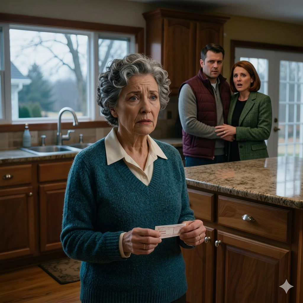 My daughter-in-law shouted in front of the whole family, “Stop eating for free in my house,” and I quietly set down my fork, kissed my grandchildren, walked into the room that used to belong to my wife and me, then came back with an old envelope; when she opened it under the dining room light, the smile on her lips died instantly, and my son finally looked up from his phone as if he had just realized that some things in that house had never belonged to the person he thought