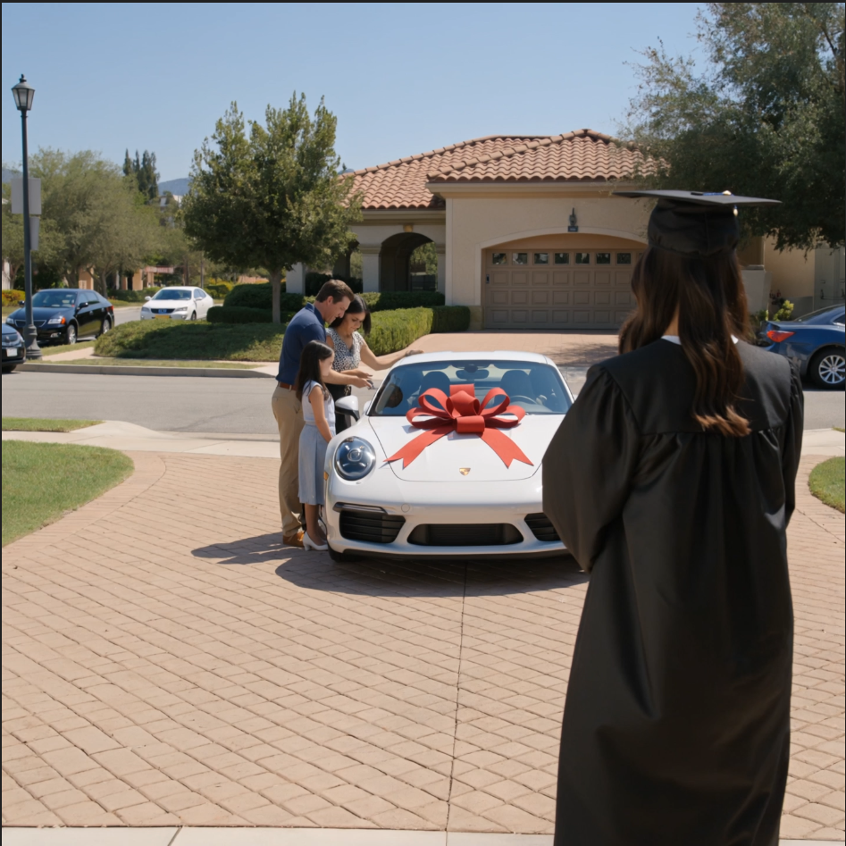 “Take the bus, Celia. We need to be here for Tracy,” my father said on the morning of my college graduation, while my sister stood in our Westlake Hills driveway laughing under a giant red bow tied across a pearl-white Porsche, and I stood there in my cap and gown long enough to understand that some families don’t break your heart all at once—they do it so consistently you don’t realize the final crack has already happened until the day they come back smiling, asking for a piece of everything you built without them